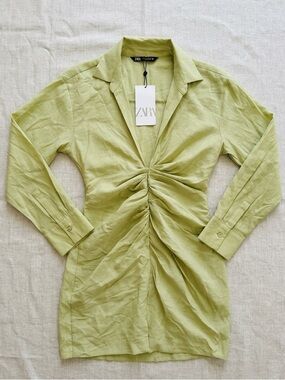 Zara Light Green Draped Mini Dress Lapel Collar Ruched Shirt Dress NWT Small